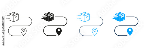 Delivery Service Route Line and Silhouette Icon Set. Parcel Location Pictogram. Pin on Map with Box, Shipment Distance Symbol. Order Path Sign. Editable Stroke. Isolated Vector Illustration
