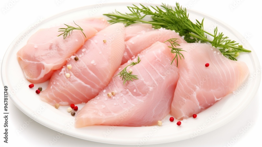 Freshly cut fish fillets garnished with herbs on a white plate, ready for cooking or grilling Freshly cut fish fillets garnished with herbs on a white plate, ready for cooking or grilling