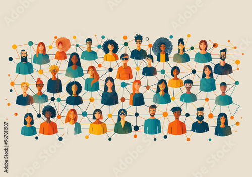 Diverse Team Network Illustration Depicting Global Workforce Collaboration and Teamwork in Business Context with Connected People Nodes