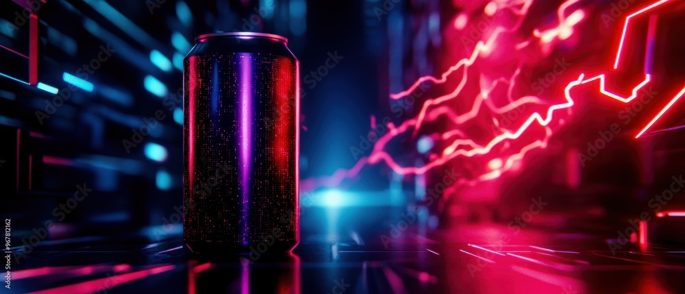 A glowing can surrounded by vibrant neon lights, showcasing a futuristic digital atmosphere with dynamic energy. A glowing can surrounded by vibrant neon lights, showcasing a futuristic digital atmosphere with dynamic energy.