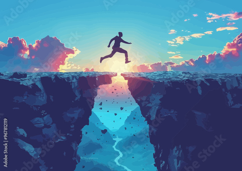 Businessman Jumping Over Cliff Gap at Sunset Symbolizing Career Progress, Overcoming Obstacles, and Achieving Success in Business and Life, Vector Illustration