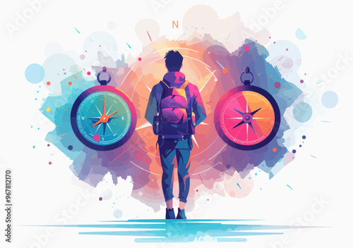 Business Strategy and Direction Concept with Backpacker and Dual Compasses in Minimalistic Vector Illustration, Symbolizing Choices in Navigation and Management photo