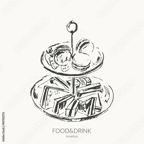 Hand drawn vector food ink sketch illustration. Sweet macarons, strawberries, sandwiches on a tray stand.