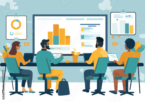 Team Learning Presentation, Business Training with Male Instructor, Analysis Reports, Charts, Office Setting, Daytime, Collaborative Learning, Minimalistic Vector Illustration