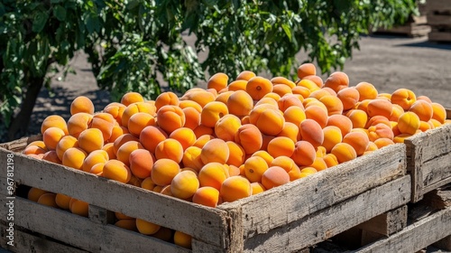 A display of ripe apricots (Prunus armeniaca) in a wooden crate, ready for market sale photo