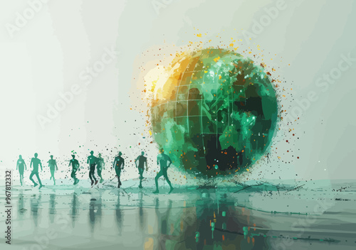 Global Teamwork Concept: Business Professionals Running Around Digital Globe, Collaboration, Connected World, Minimalistic Vector Art