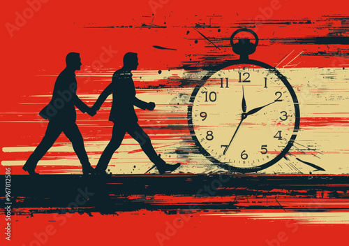 Business Managers Racing Against Time Vector Illustration, Pursuit of Deadline, Corporate Time Management Challenge, Silhouette of Executives Chasing Pocket Watch, Urgency in Red and Black Art