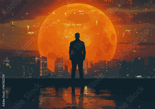 Businessman Watching Futuristic City Skyline Under Enormous Orange Moon at Night Illustrating Leadership Vision and Strategic Thinking Concept