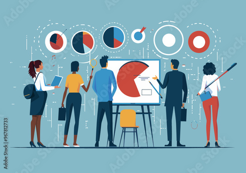 Business Team Brainstorming Session Analyzing Data and Target Goals - Vector Illustration of Employees Collaborating on Charts, Diagrams, and Strategy