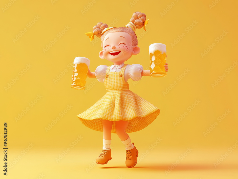 A cheerful 3D character in Bavarian dress is joyfully dancing while holding two mugs of beer. vibrant yellow background enhances festive atmosphere A cheerful 3D character in Bavarian dress is joyfully dancing while holding two mugs of beer. vibrant yellow background enhances festive atmosphere