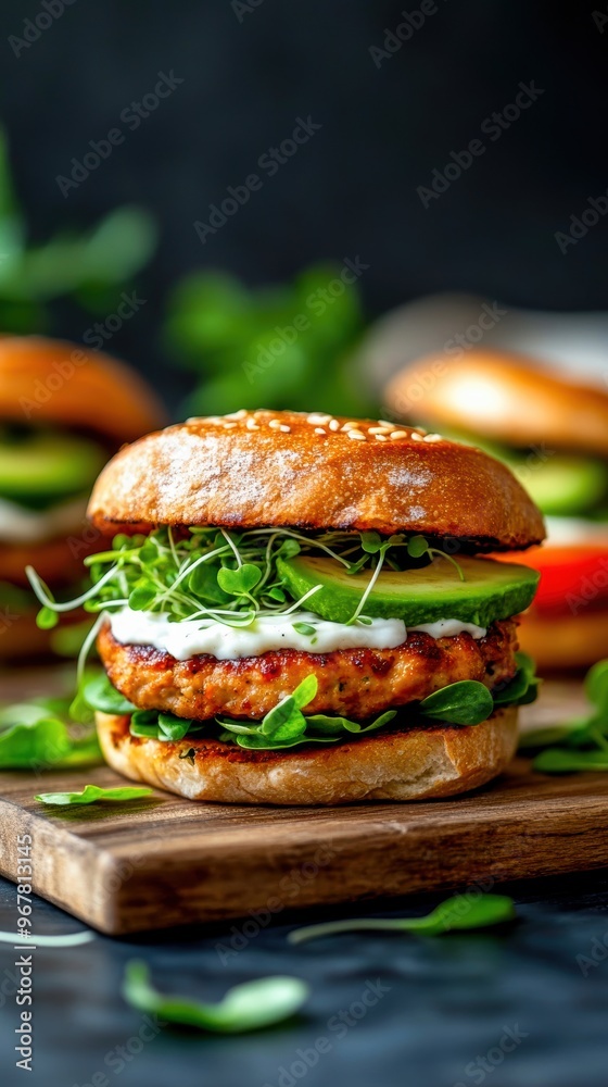 Juicy turkey burger with avocado and sprouts, dripping with flavor, healthy and satisfying Juicy turkey burger with avocado and sprouts, dripping with flavor, healthy and satisfying
