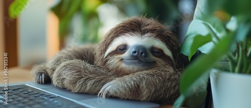 A relaxed sloth peacefully sleeps in an office space. embracing a tranquil and unconventional workplace vibe