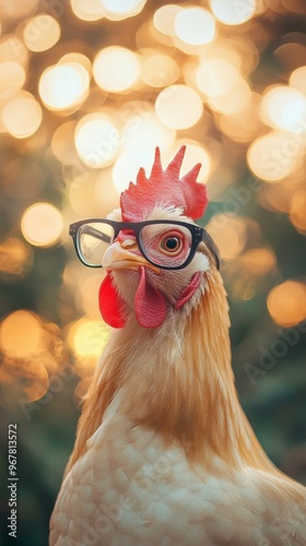 Chicken wearing glasses with bokeh lights, humorous concept photo