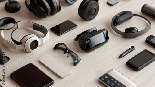 A flat lay of various electronic devices on a wooden surface, including a VR headset, headphones, sunglasses, and smartphones.