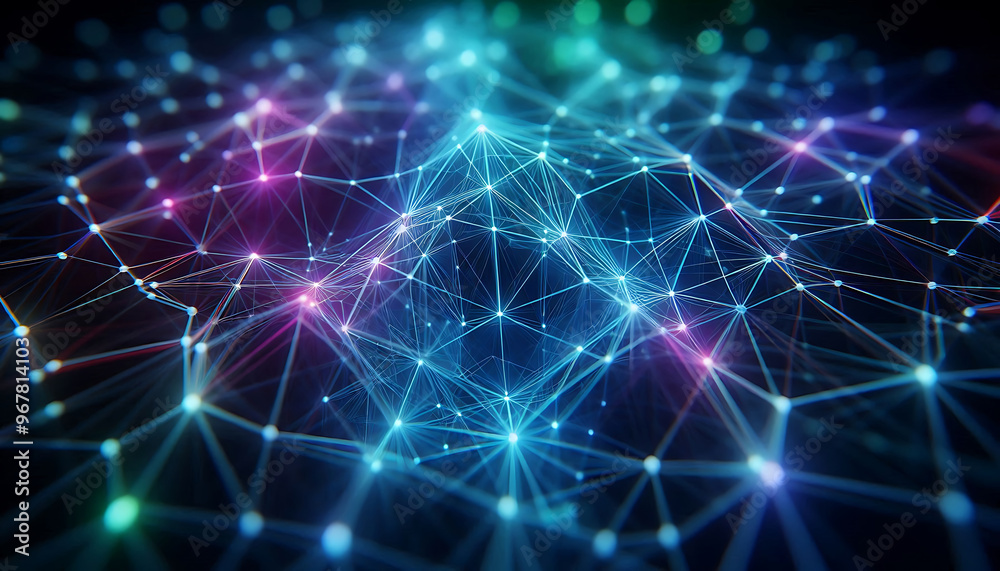 Abstract geometric design featuring a network of illuminated translucent lines forming interconnected shapes. The vibrant hues of blue purple and green create a dynamic glow against a dark background
