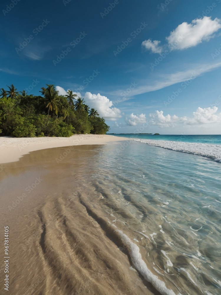 A sandy tropical beach with an island visible in the distance, evoking a paradise-like scene. A sandy tropical beach with an island visible in the distance, evoking a paradise-like scene.