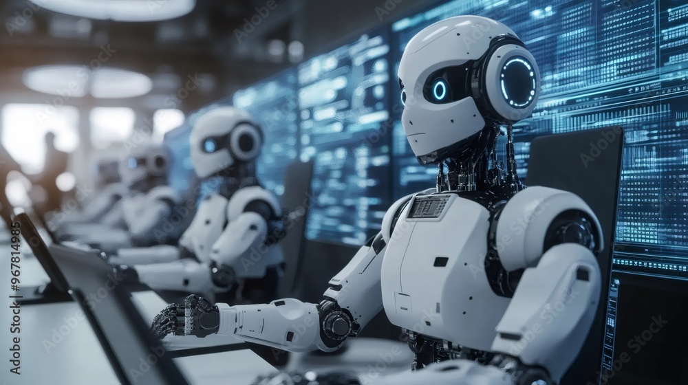 White humanoid robots working at a computer, focusing on a single robot looking at the screen. White humanoid robots working at a computer, focusing on a single robot looking at the screen.