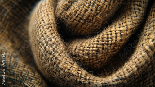 Medium shot of a coarse, tweed material, the intricate weave and interplay of fibers captured in precise detail photo