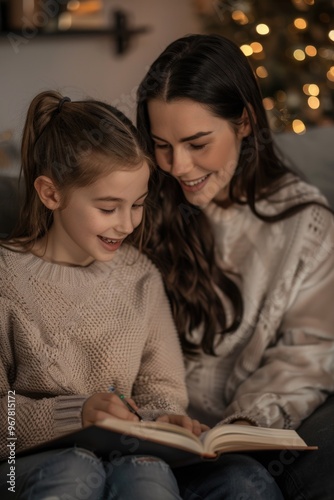 Woman reading book to young girl. Christmas decorations in the background.