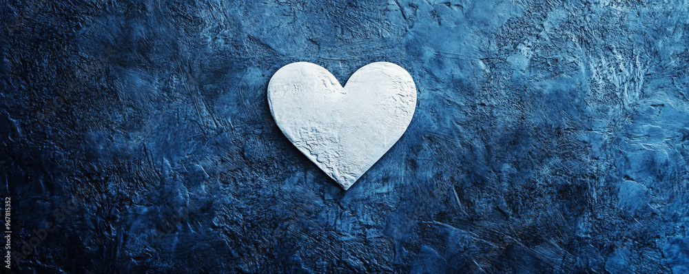 Fototapeta premium A minimalist love-themed design featuring a single white heart on a textured, dark blue background, creating a striking contrast with a modern touch.