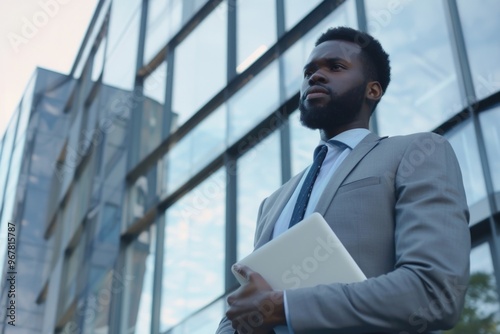 A professional man in a suit holding a tablet device. He stands confidently in front of modern architecture.