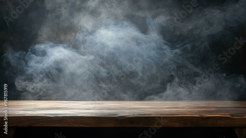 A moody scene featuring swirling smoke above a wooden surface with a dark backdrop, ideal for creative compositions.