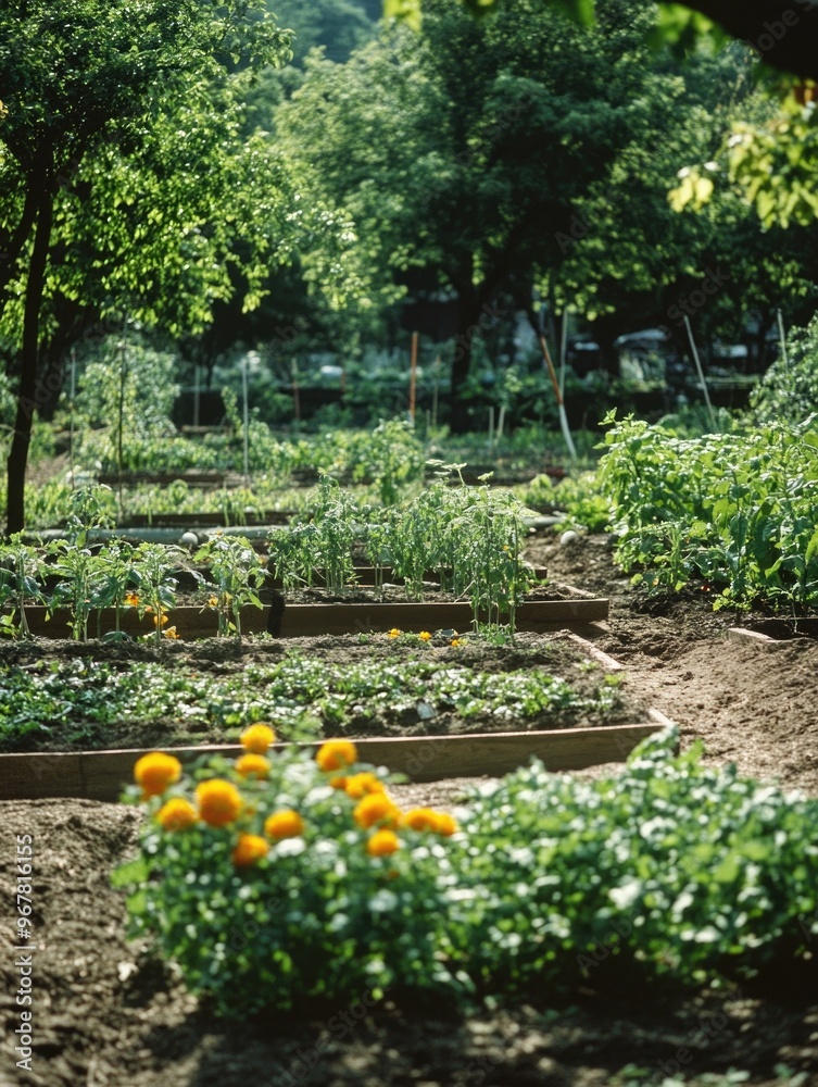 The garden is vibrant with a variety of vegetables. Tomatoes, cucumbers, and other fresh produce are cultivated in neat rows. The garden is vibrant with a variety of vegetables. Tomatoes, cucumbers, and other fresh produce are cultivated in neat rows.
