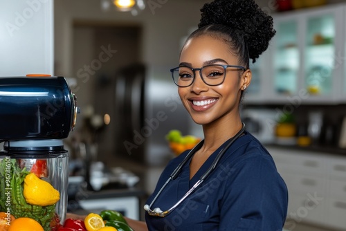 A home health aide assisting with meal preparation, blending ingredients for a nutritious smoothie tailored to the patient's dietary restrictions