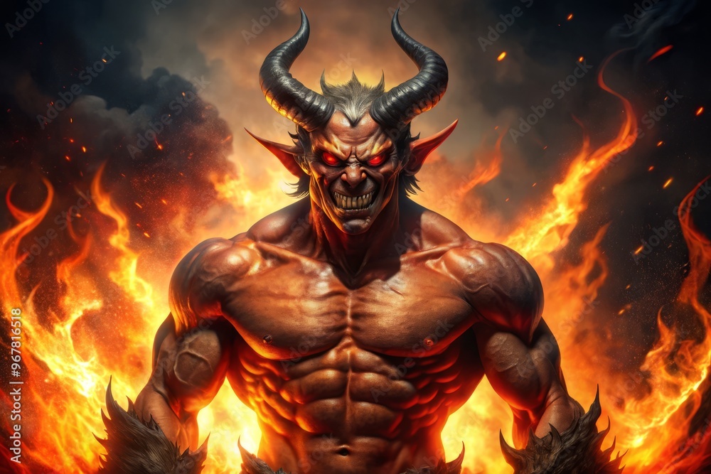 Flickering orange flames engulf a snarling, muscular demon with crimson skin and razor-sharp horns, poised to unleash Flickering orange flames engulf a snarling, muscular demon with crimson skin and razor-sharp horns, poised to unleash