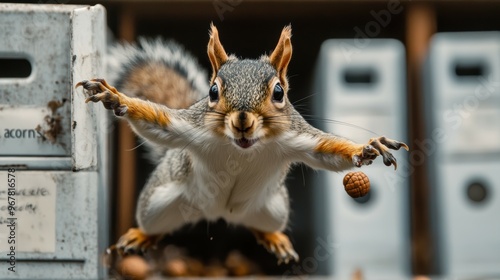 An energetic squirrel frantically dashing around the filing cabinets, gathering 