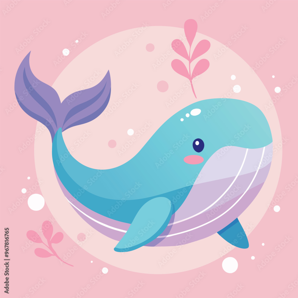 A cute little blue whale smiles brightly on a pastel pink background with bubbles spewing out. A cute little blue whale smiles brightly on a pastel pink background with bubbles spewing out.