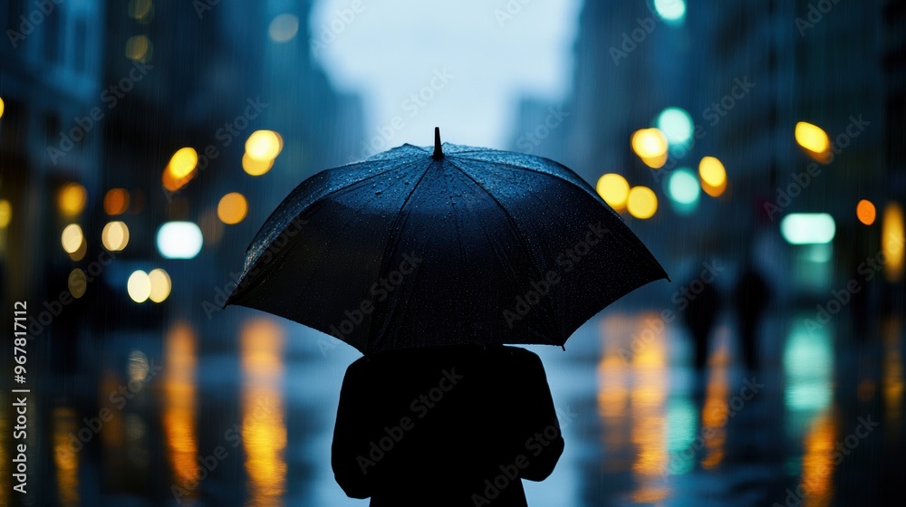 Rainy street with a single pedestrian under a broken umbrella, solitude, melancholy in a city setting Rainy street with a single pedestrian under a broken umbrella, solitude, melancholy in a city setting