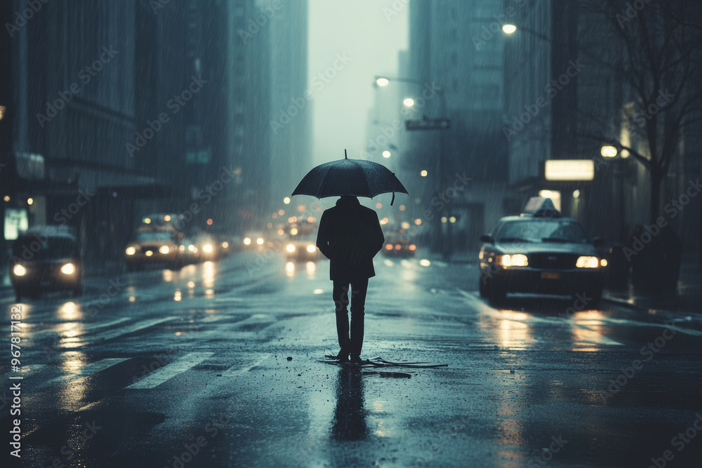 Obraz premium A solitary pedestrian stands under an umbrella on rainy street, surrounded by blurred city lights and reflections on wet pavement, evoking sense of calm amidst urban hustle