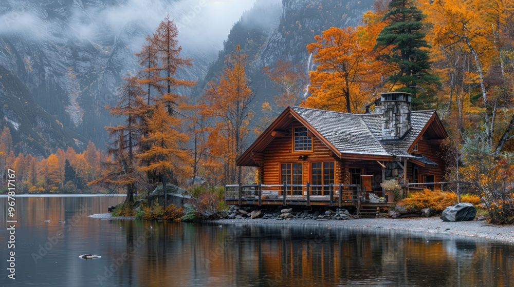 Fototapeta premium A cozy cabin by a lake with a mountain backdrop