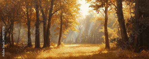 A peaceful autumn landscape with tall trees in golden hues, with gentle sunlight streaming through, creating soft shadows and a serene atmosphere.