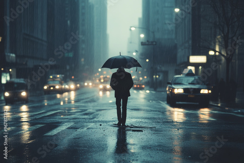 A solitary pedestrian stands under an umbrella on rainy street, surrounded by blurred city lights and reflections on wet pavement, evoking sense of calm amidst urban hustle