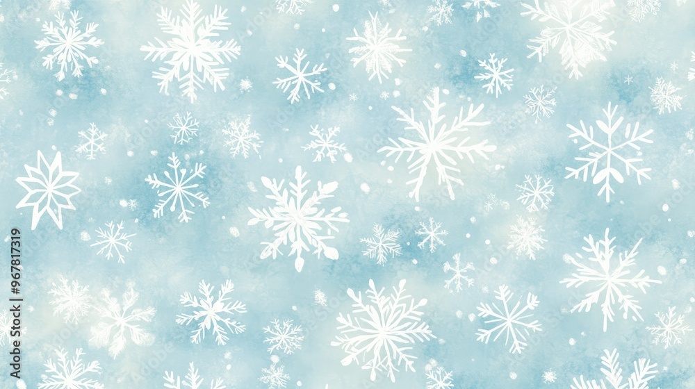 A seamless winter background with delicate snowflakes in white and light blue, creating a soft, seasonal feel A seamless winter background with delicate snowflakes in white and light blue, creating a soft, seasonal feel