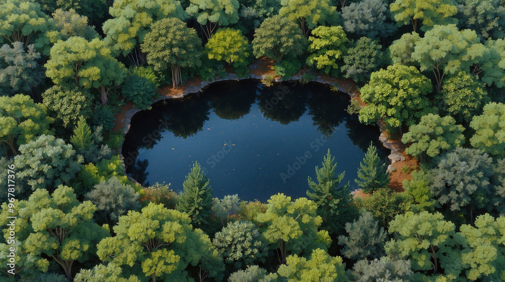 Artistic illustration of a top view of a lake surrounded by a dense green forest Artistic illustration of a top view of a lake surrounded by a dense green forest