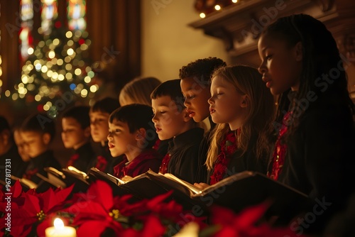 A group of children sing carols in a dimly lit church, surrounded by the warm glow of Christmas lights.