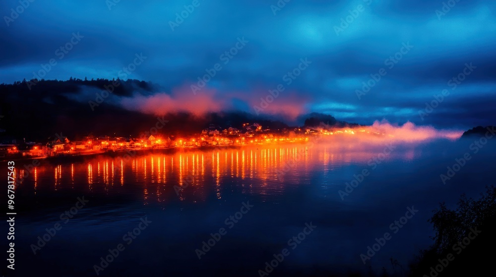 Fototapeta premium Dense fog covering a coastal town at dawn, foggy weather, quiet and eerie