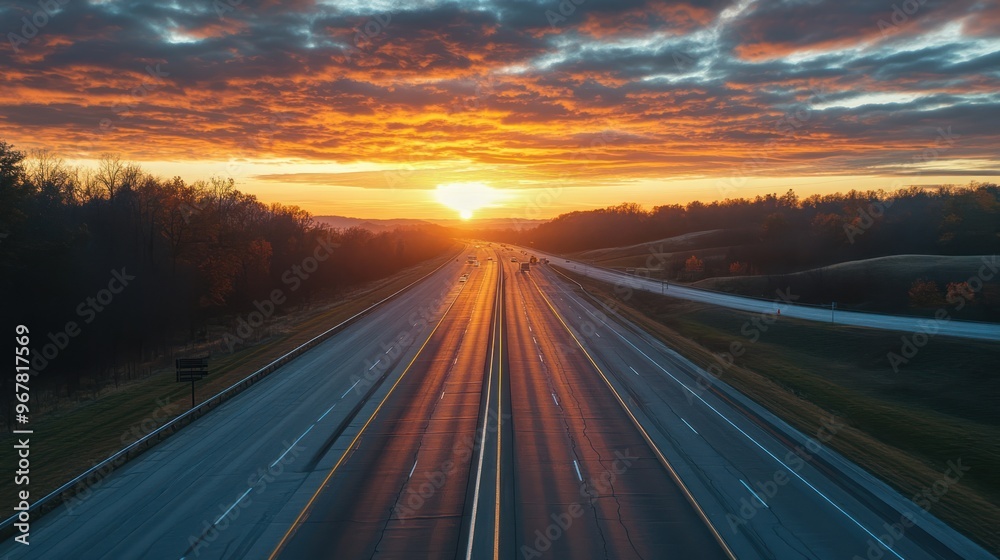 Naklejka premium Empty asphalt road in rural landscape in the rays of the sunset with dark storm cloud