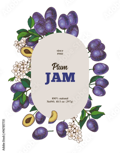 Plum jam hand drawn vector label template