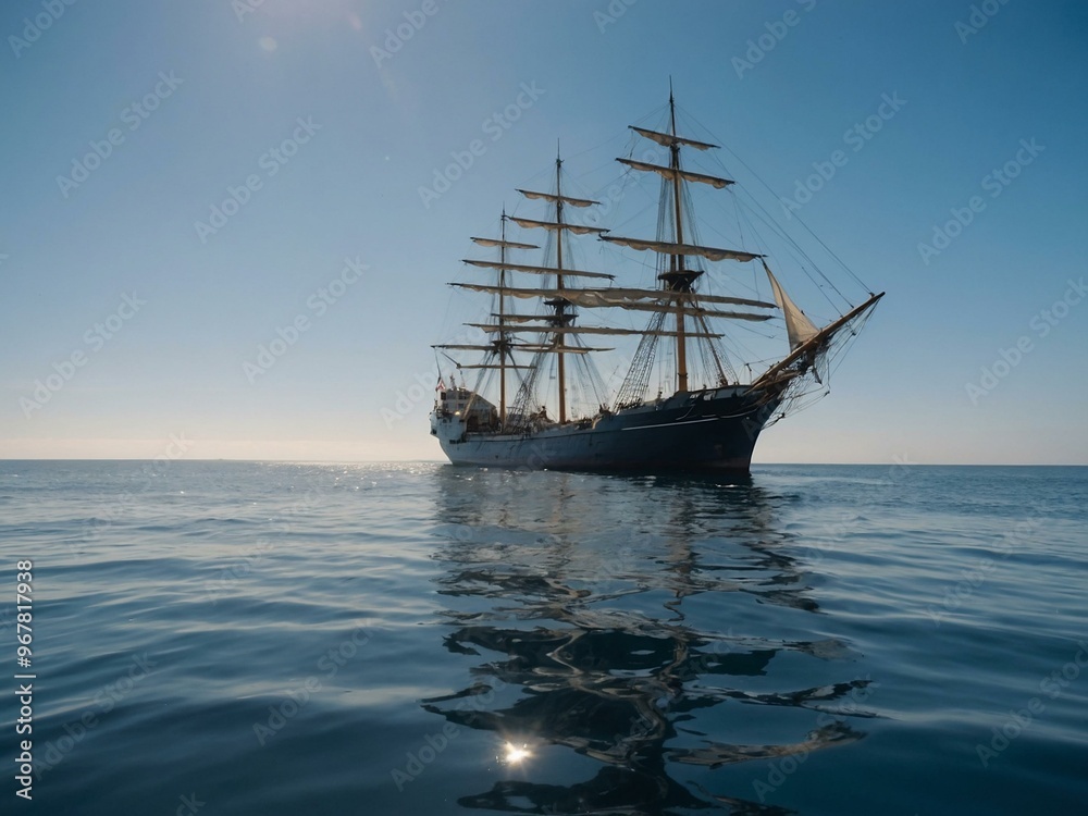 A ship sails calmly across the vast sea under a clear sky. A ship sails calmly across the vast sea under a clear sky.