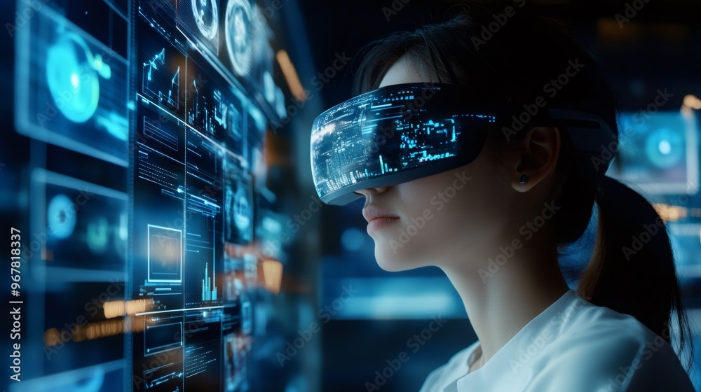 A woman in a futuristic setting wearing virtual reality glasses looking at a digital display with graphs and data. A woman in a futuristic setting wearing virtual reality glasses looking at a digital display with graphs and data.