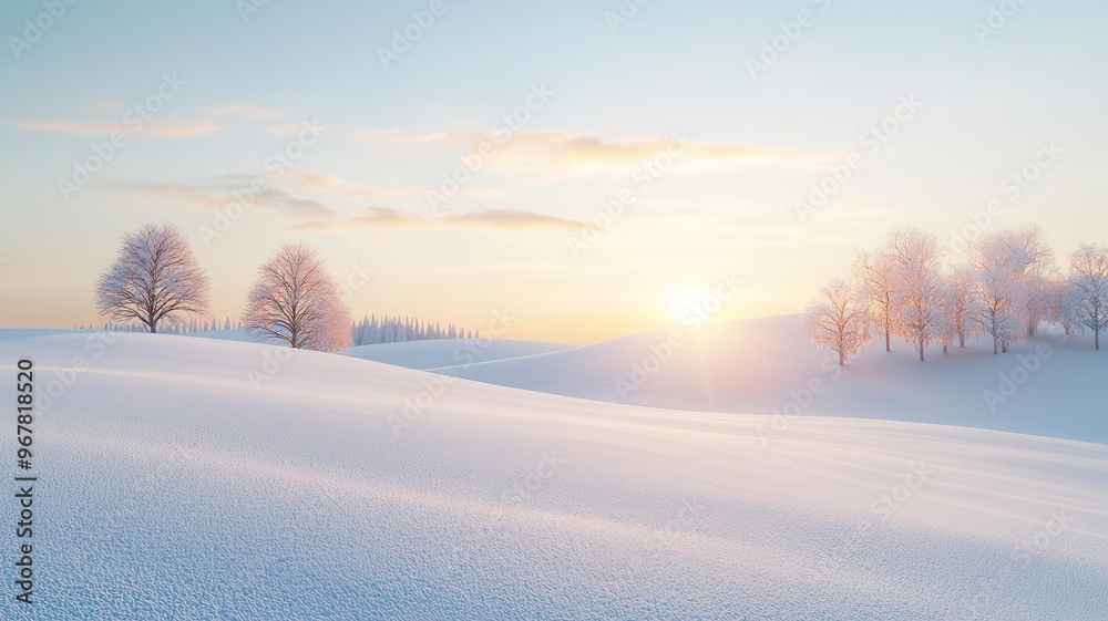 Frosty morning, with a sun rising over snowy fields, 3D illustration, copy space for text, Frosty morning, with a sun rising over snowy fields, 3D illustration, copy space for text,