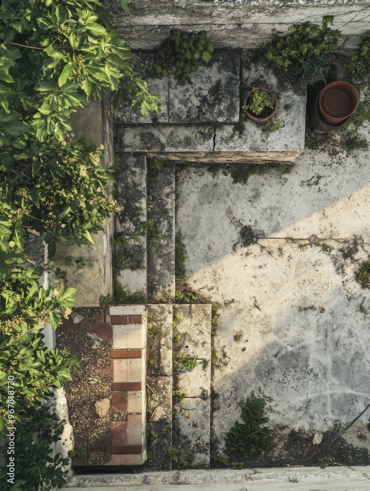 A set of weathered stone stairs overrun by vegetation, hinting at a long history and possibly left to nature. A set of weathered stone stairs overrun by vegetation, hinting at a long history and possibly left to nature.