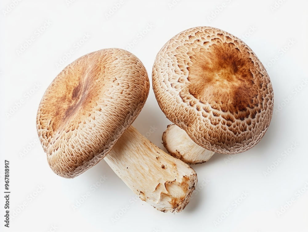 Two mushrooms with a unique pattern on their tops, possibly morel or another wild variety. Two mushrooms with a unique pattern on their tops, possibly morel or another wild variety.
