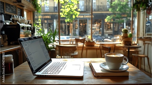 A bright coffee shop workspace setup with a laptop, sketchbook, and coffee on a wooden table, warm natural light flooding the space,