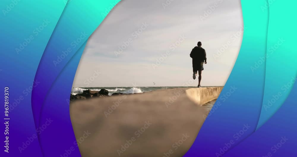 Animation of blue shapes over biracial man running at beach Animation of blue shapes over biracial man running at beach