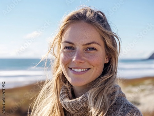 Young smiling woman wearing a sweater, enjoying the beach during sunset.